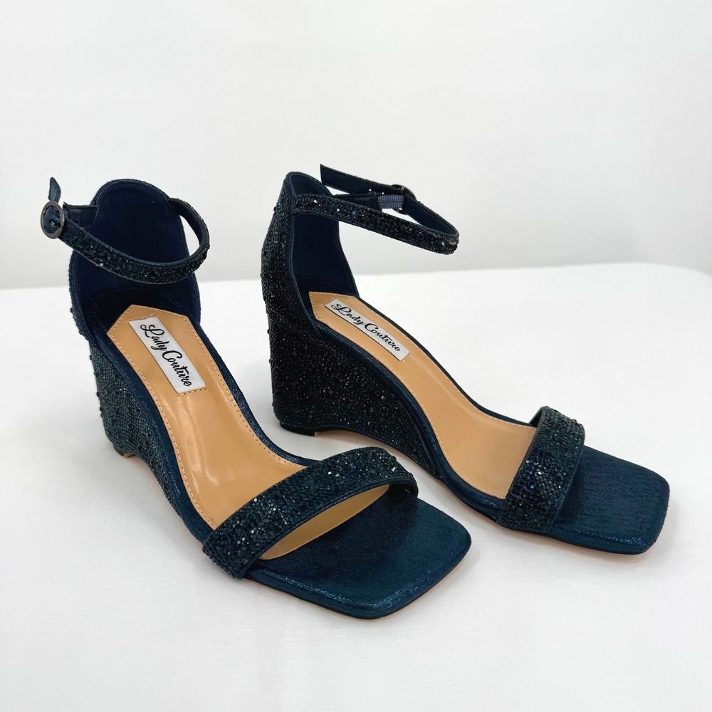 Black Beaded Ankle-Strap Wedge Sandals - Picture 2 of 16